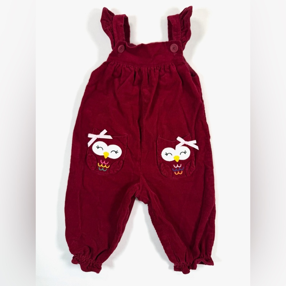 CRACKER‎ BARREL Baby Girls’ Red Corduroy Owl Knee Patch Ruffle Overalls Size 12M
